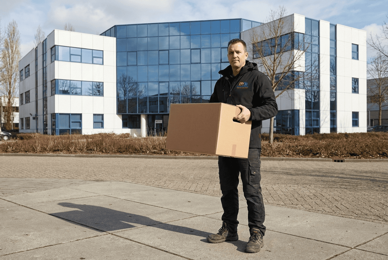 verhuizer met een doos voor ons kantoor